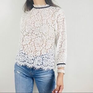 Velvet by Graham & Spencer Cream Floral Lace Ruffle Neck Blouse Ivory Medium